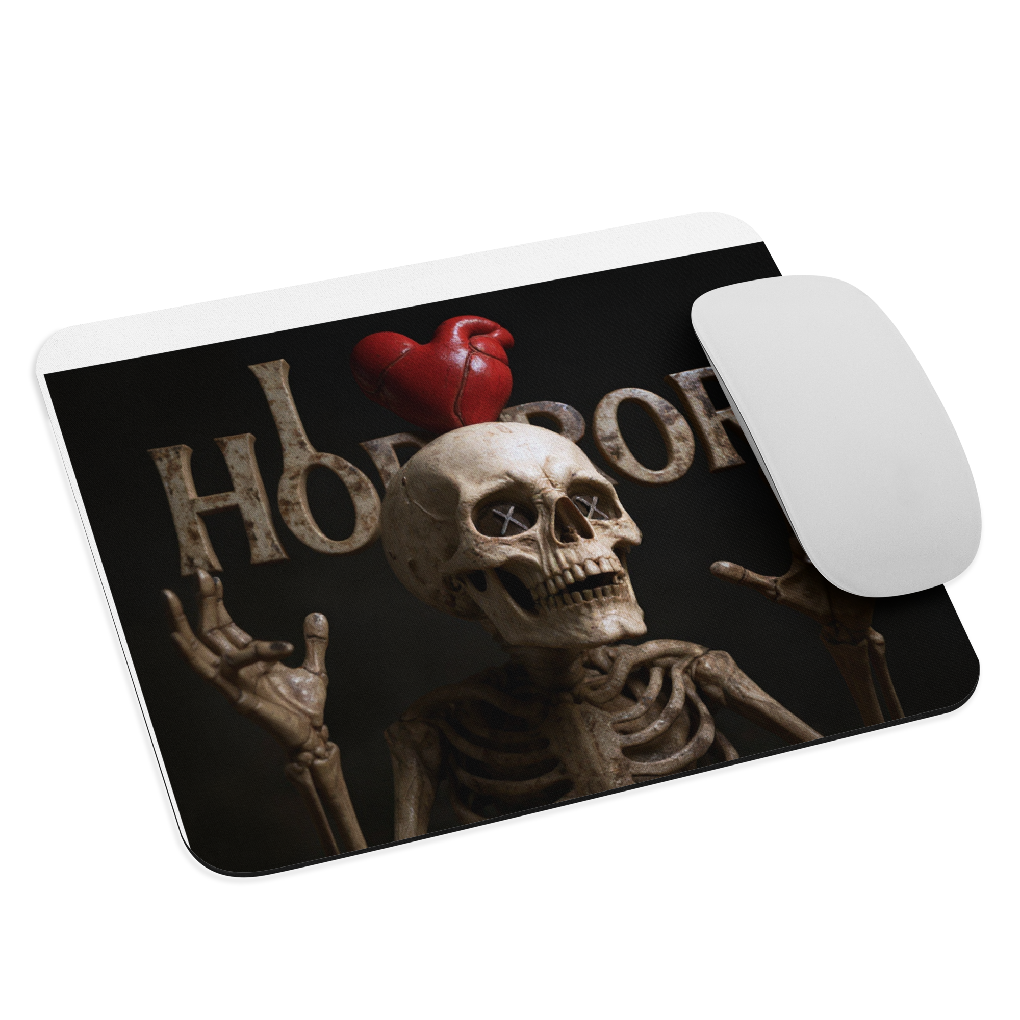 Horror-themed mouse pad with skeleton design